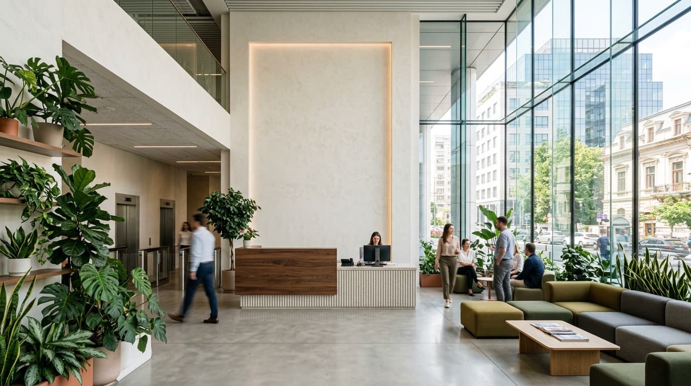 Bright office reception with plants and large windows