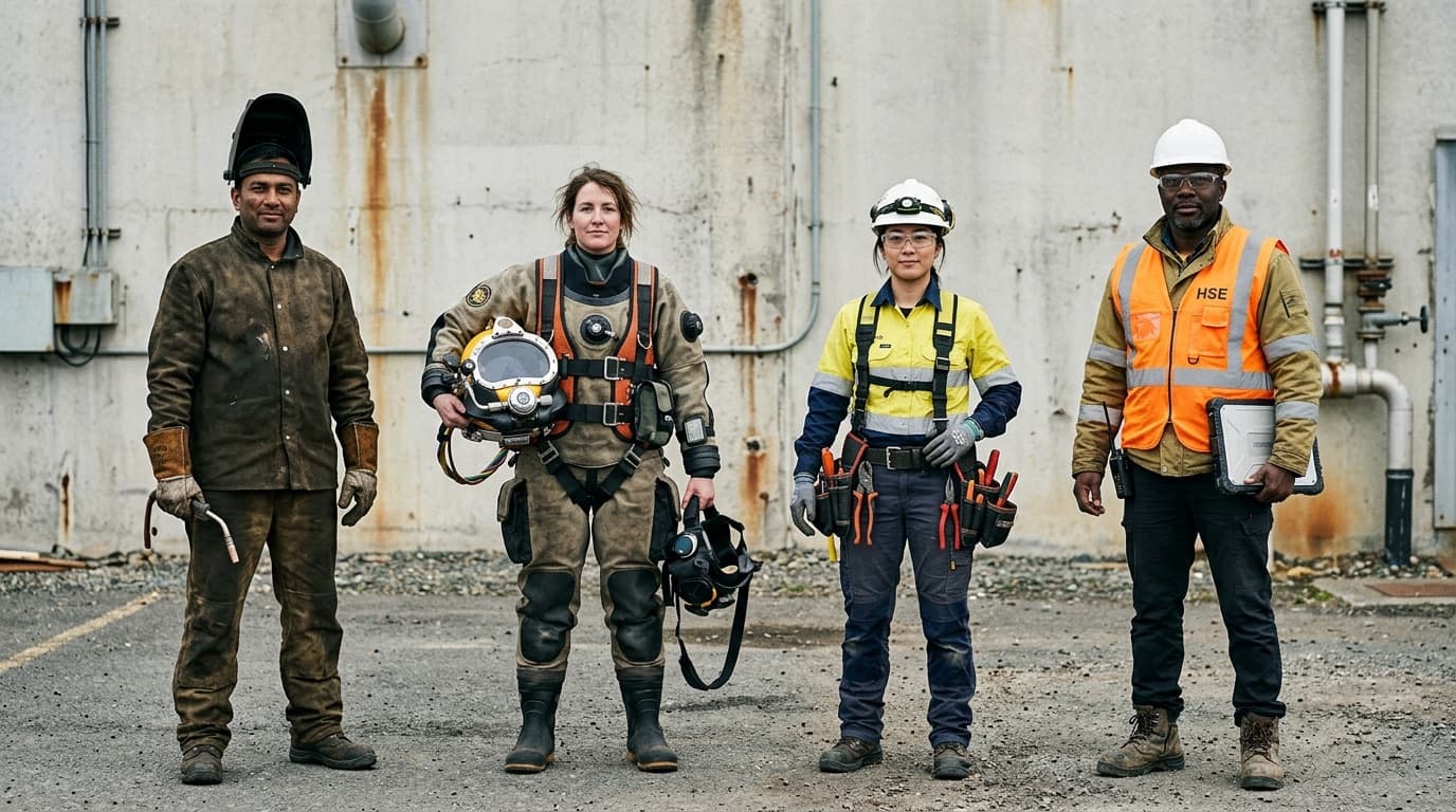 Welder, commercial diver, electrician and HSE officer standing side by side in their work gear