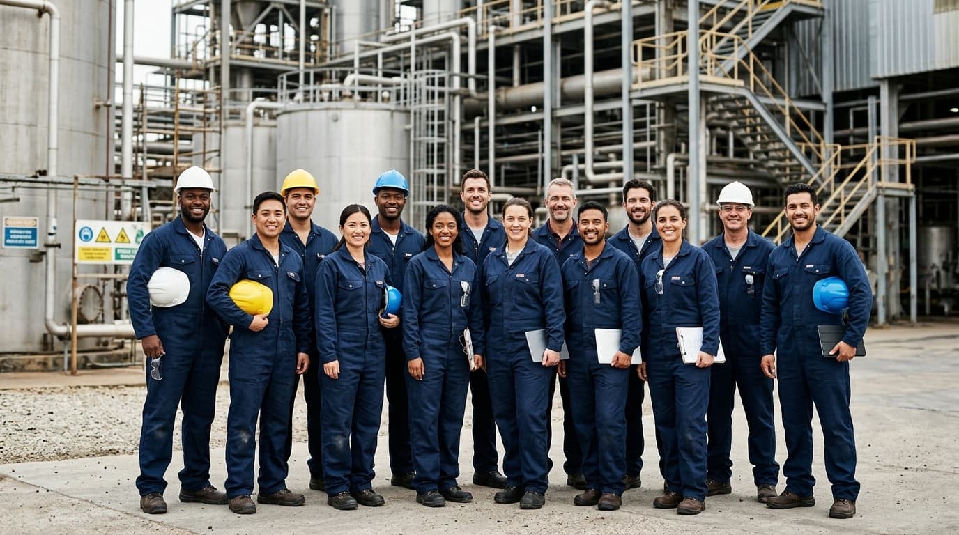 International team of engineers and technicians in navy coveralls in front of an industrial facility