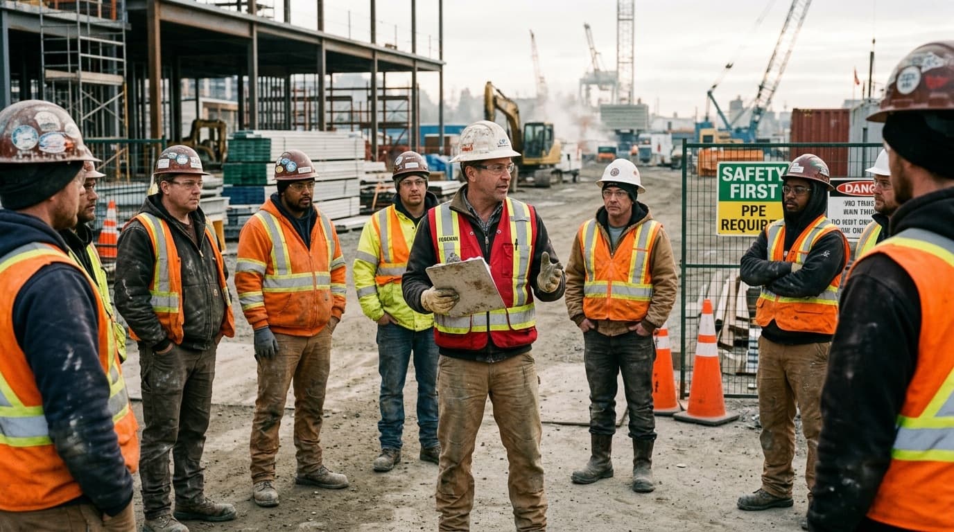 Supervisor giving a safety briefing to a crew in high-visibility PPE on site