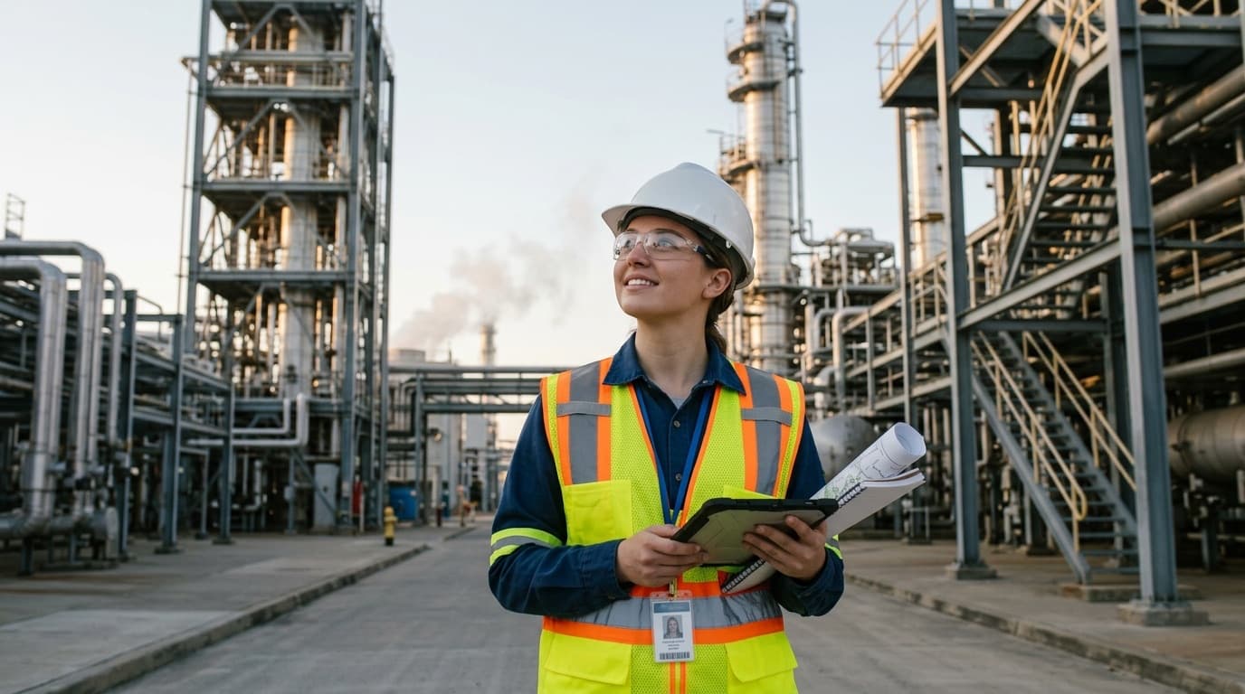 Young engineer in new PPE holding drawings at a processing plant