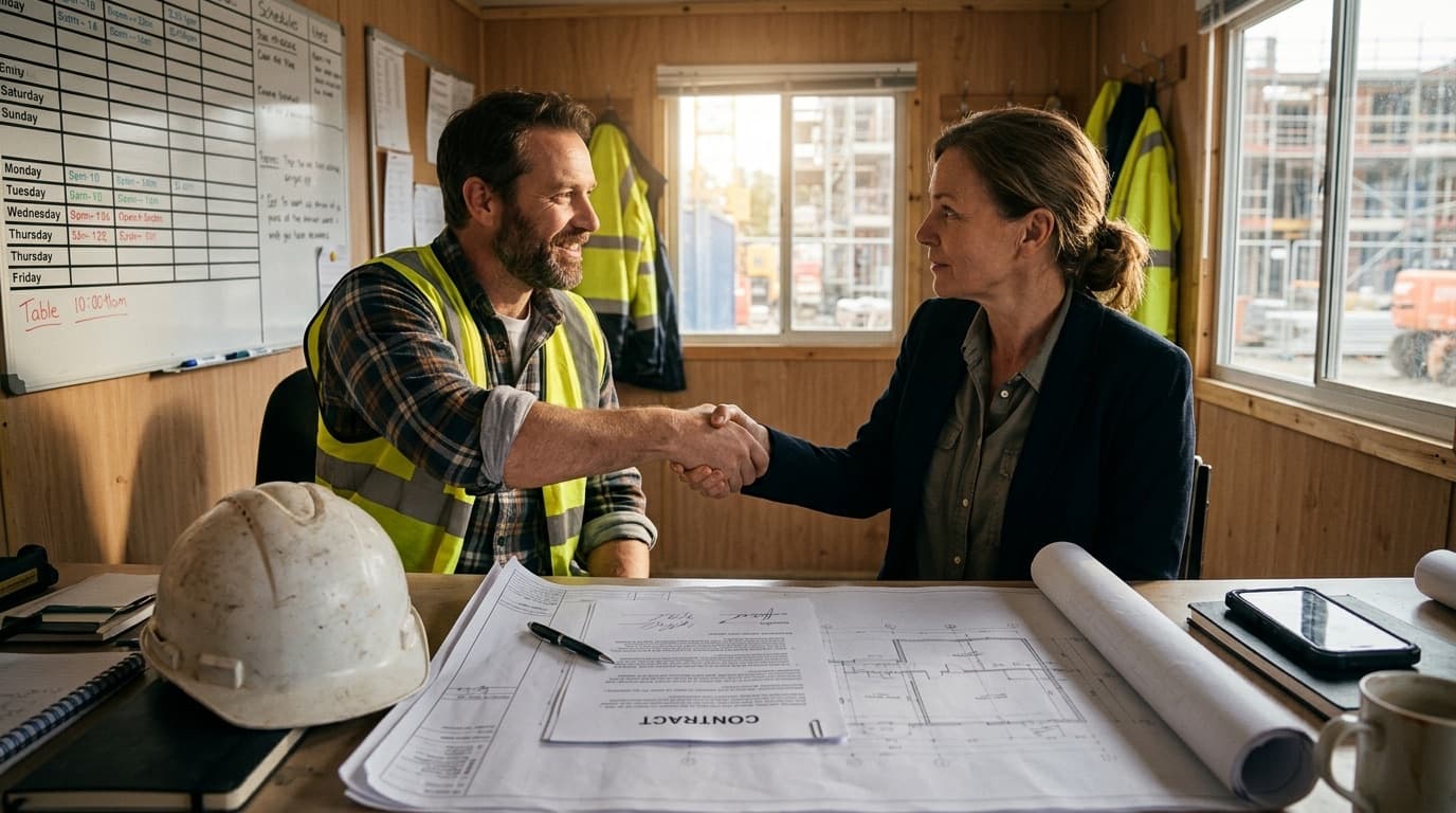 Two people shaking hands over a signed contract and drawings in a site office