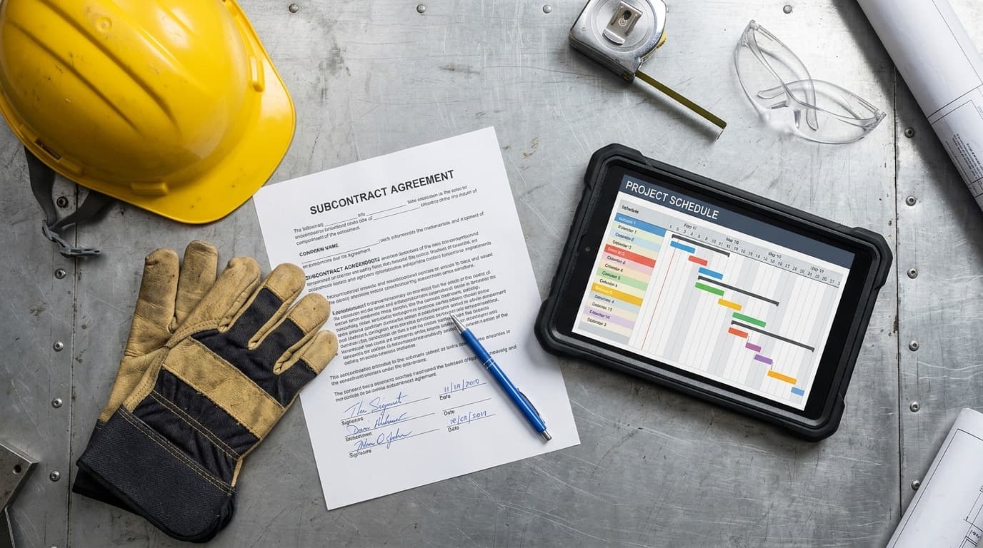 Hard hat, work gloves, a signed subcontract agreement and a tablet showing a project schedule on a steel bench
