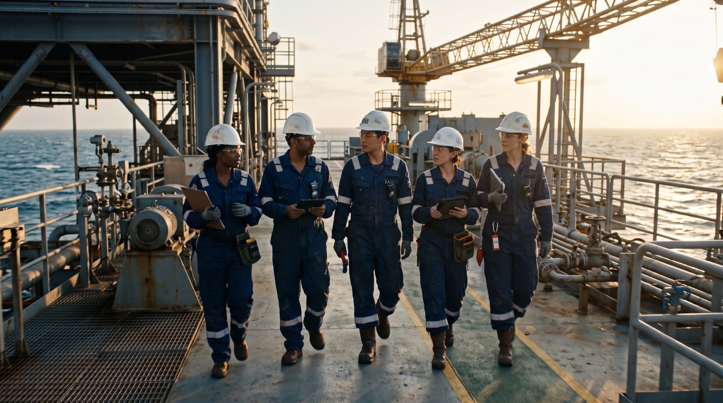 Engineers in navy coveralls and white hard hats walking across an offshore platform deck at sunset