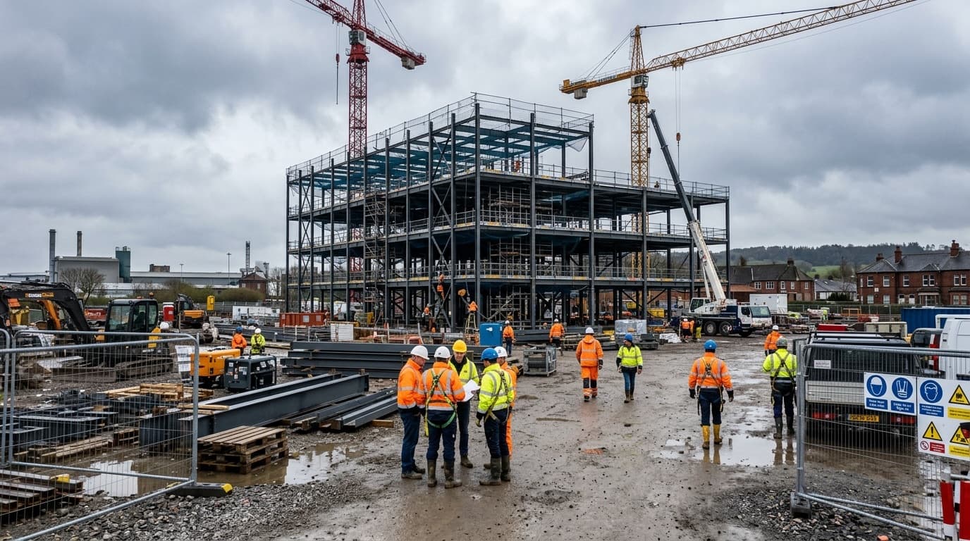 Steel-frame building under construction with tower cranes and a crew in high-visibility gear