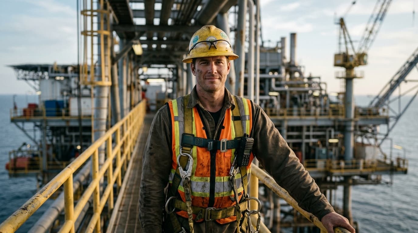 Technician in a hard hat and safety harness on an offshore platform walkway