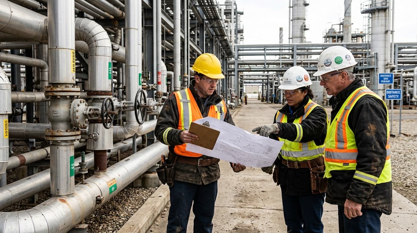 Three engineers reviewing drawings beside pipework at a gas processing plant