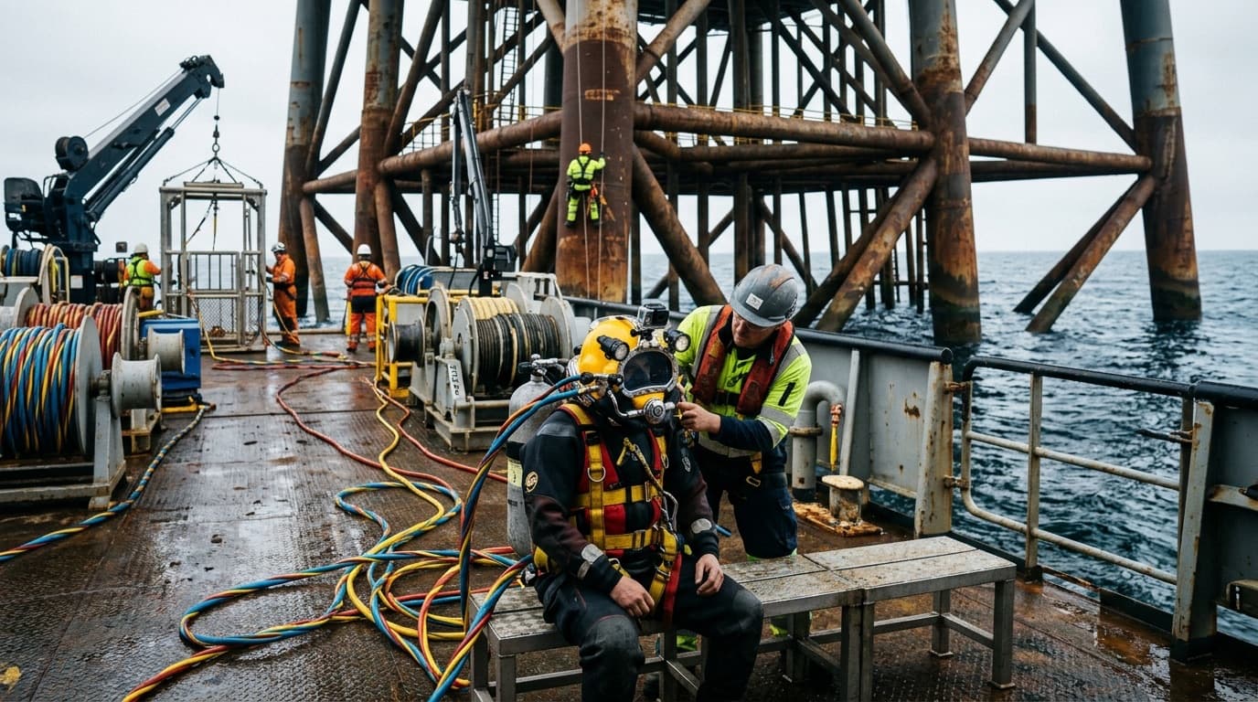 Commercial diver in full gear on a vessel deck below an offshore platform, with deck crew behind