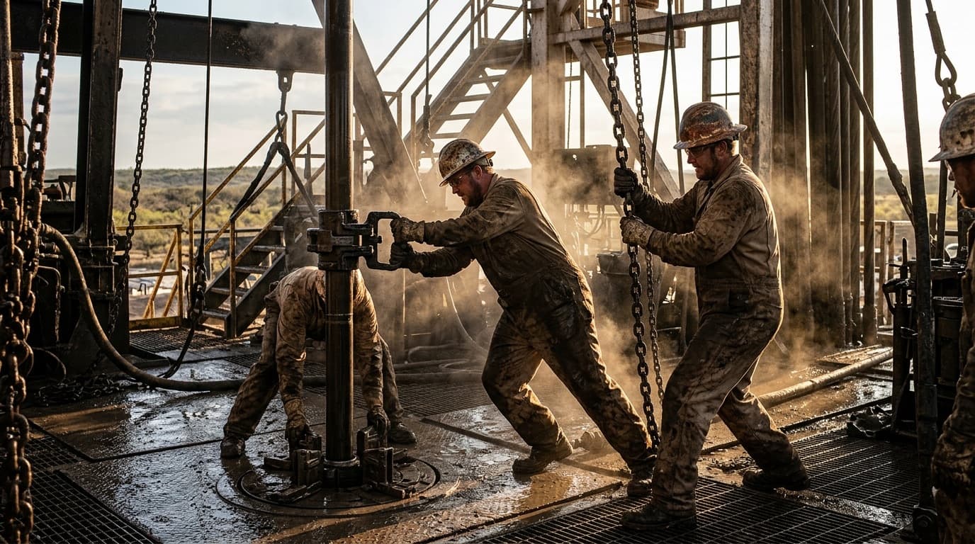 Roughnecks working the drill floor of a land rig