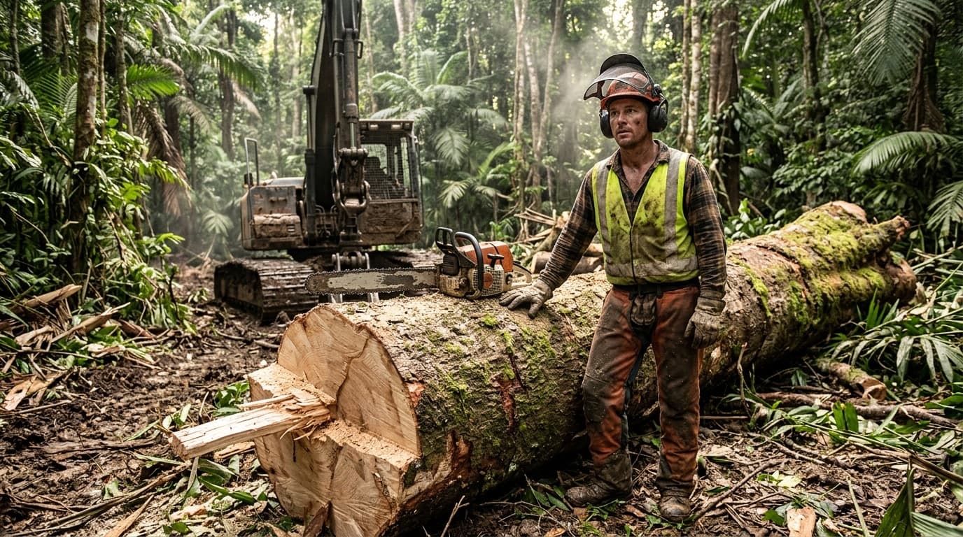 Forestry worker beside a felled tree in a tropical forest clearing, with an excavator behind