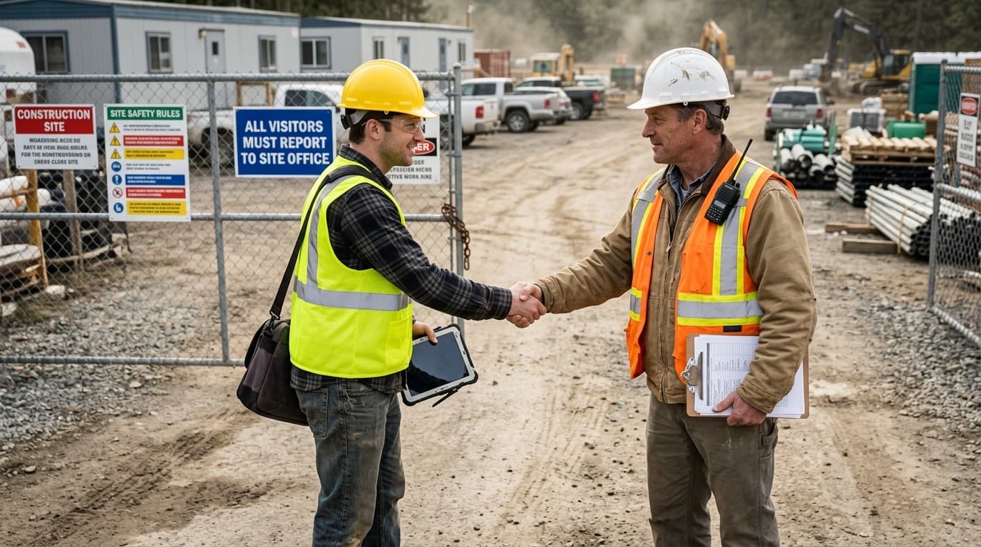 Engineer with a tablet shaking hands with a site manager at a construction site gate