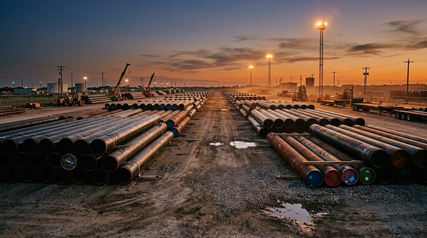 Pipeline sections stacked in a pipe yard at dusk
