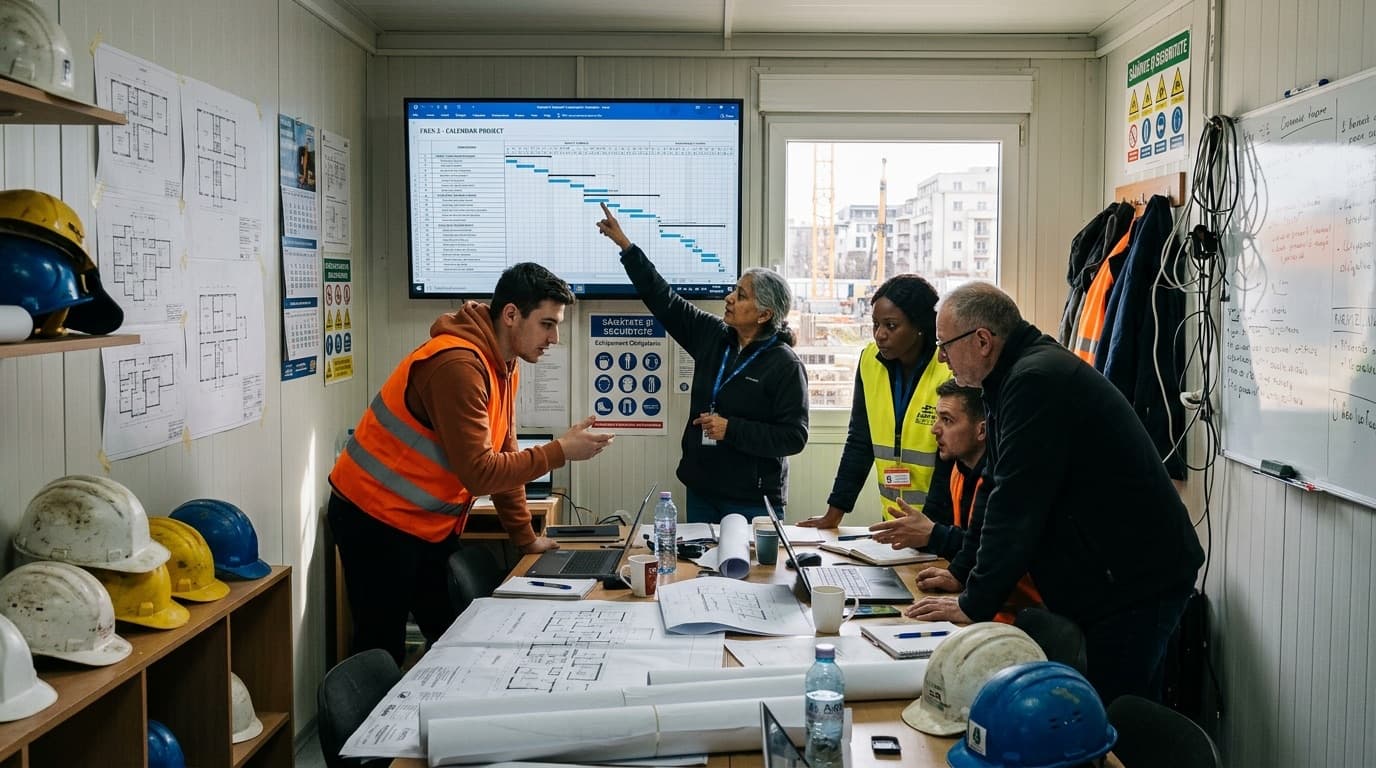 Project team in a site office reviewing a schedule on a wall screen
