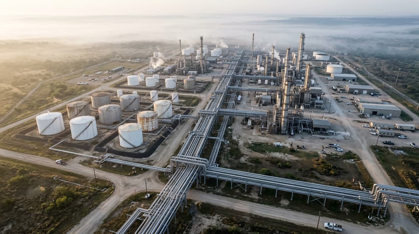 Aerial view of an onshore oil and gas facility with storage tanks and pipelines