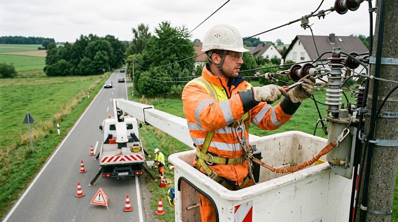Electrical technician in a bucket truck working on an overhead power line